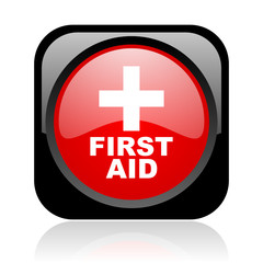 first aid black and red square web glossy icon