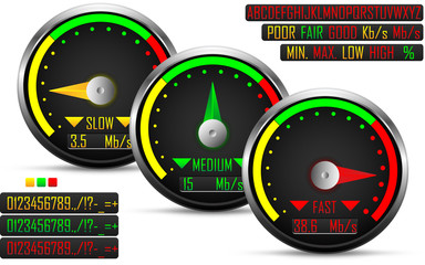 Internet speed test meter, with three needle positions,vector
