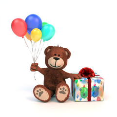 Geburtstags-Teddybär mit bunten Ballons und einem Geschenk