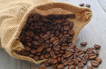 Roasted coffee beans in a small sack