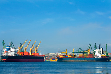 cargo ships with cranes.