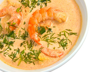 shrimp soup dill in a bowl isolated on white background clipping