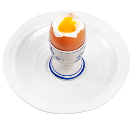 Light boiled egg in egg cup on white plate