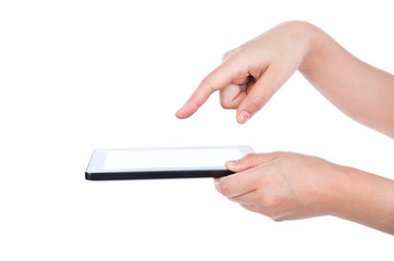 Business man using a touch screen device against white backgroun