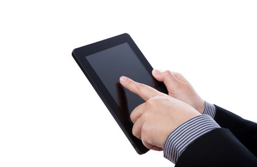 Business man using a touch screen device against white backgroun