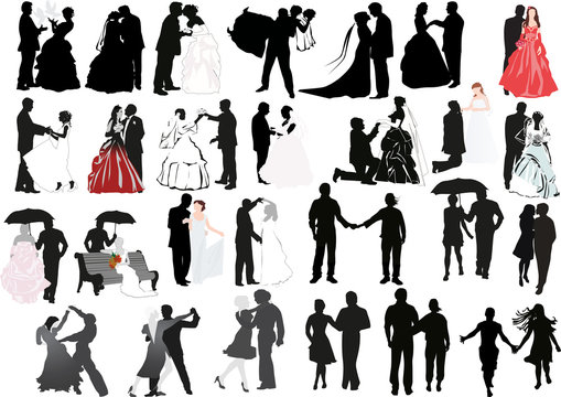 isolated wedding couples silhouettes set