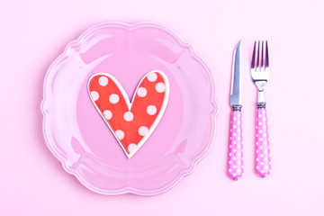 heart shape on a plate and fork,knife