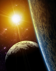 A view of planet earth, moon and sun. Abstract background of dis