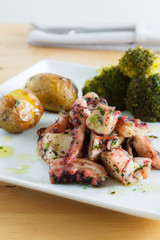 Octopus in Olive Oil with roasted potatoes and broccoli