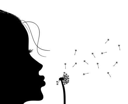 Silhouette of girl blowing to dandelion, vector illustration