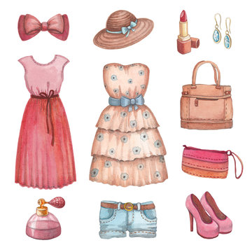 Collection of watercolor dresses and accessories
