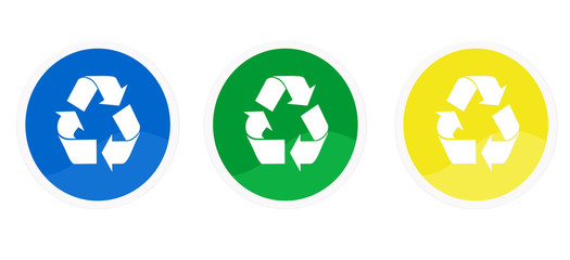 Iconos de reciclaje en colores azul, verde y amarillo