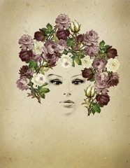 ritratto vintage di donna con rose tra i capelli