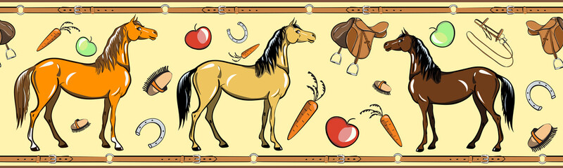 Horse and horseback riding tack seamless border