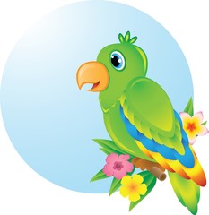 Colourful parrot sitting o a wooden perch