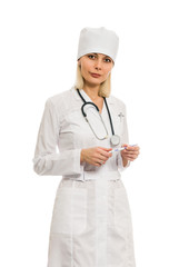 woman doctor in a white coat on a white background