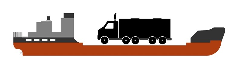 Camion poids lourd en livraison dans un bateau cargo