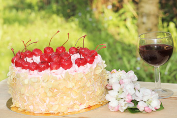 Birthday Cake Decorated with Cherries