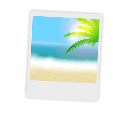 Beautiful summer background with instant photos, beach, sea, sun