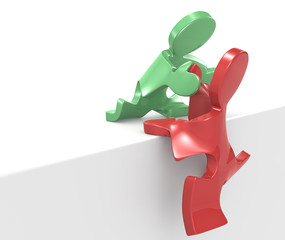 Helping.Puzzle people giving a helping hand. Red and Green.