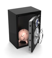 Opened black safe with pink piggy bank inside