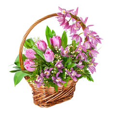 Bright flower bouquet in basket isolated over white background