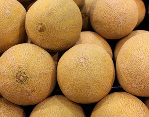 Whole cantaloupes on display at local market