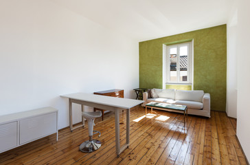 home interior, view of studio with sofa