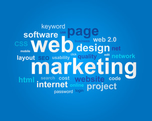 Web marketing in word cloud on blue background