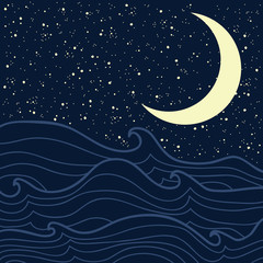Open sea with waves and starry night sky