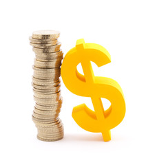 Stack of gold coins and dollar symbol