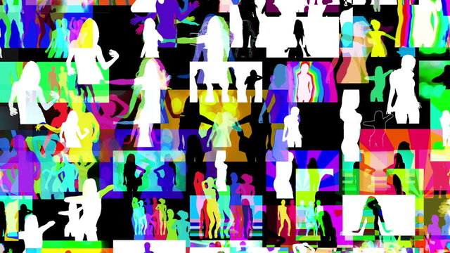 a video wall of screens made up from shadow disco dancers
