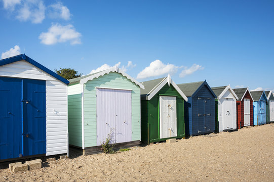  Colorful Beach Huts at West Mersea, Essex, UK.
