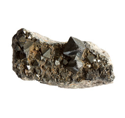 Magnetite crystals in the stone on white background