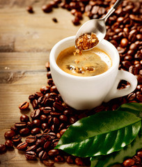 Coffee Espresso. Cup Of Coffee and Brown Sugar