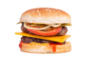 double cheeseburger on white background