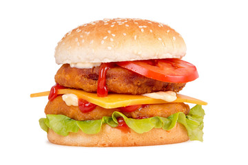 Double chicken  hamburger on white background