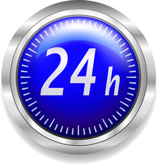 24 hours around the clock symbol on blue and silver