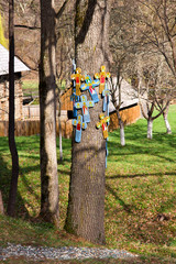 Colored litlle crosses on oak tree