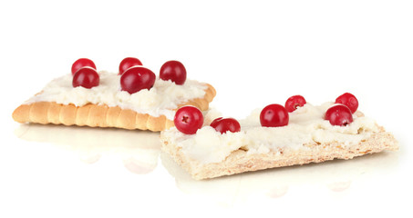 Crispbread with cheese and cranberry, isolated on white