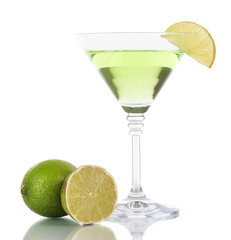 Green cocktail with lime isolated on white