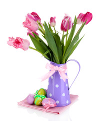 Easter composition with fresh tulips and easter eggs isolated