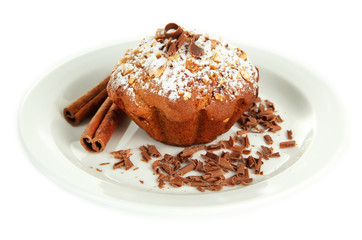 Tasty muffin cake with powdered sugar and chocolate