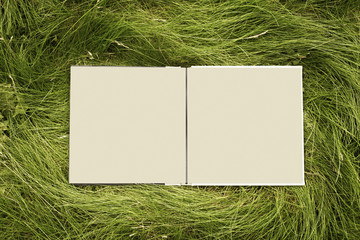 Open blank book on a green grass background