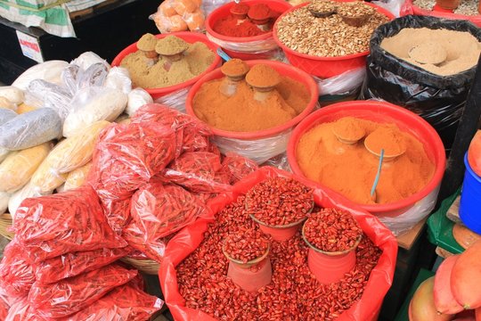 Hot peppers and spices at Mexican farmers market