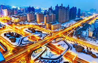 Fototapeta na wymiar Aerial view of city night in the winter