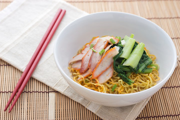 Noodles and meatball with chopsticks , asian noodle