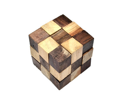 Puzzle in the form of wooden blocks on a white background