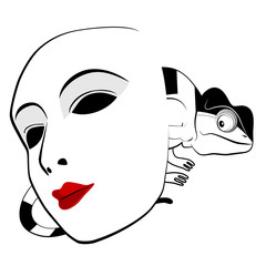 Chameleon and mask on a white background