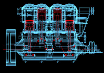 Internal combustion engine (3D xray red and blue transparent) - obrazy, fototapety, plakaty